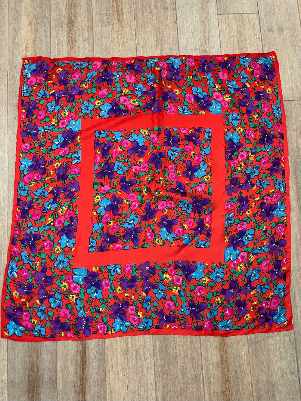 VTG Silk Berkshire Red Floral Scarf with Blue, Purple, Pink & Green Accents